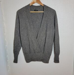 J Crew 100% Cashmere Faux Wrap Deep Plunge Sweater sz M Gray